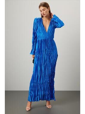 L’IDEE Blue Satin Costes Dress Pleated Formal Size 14